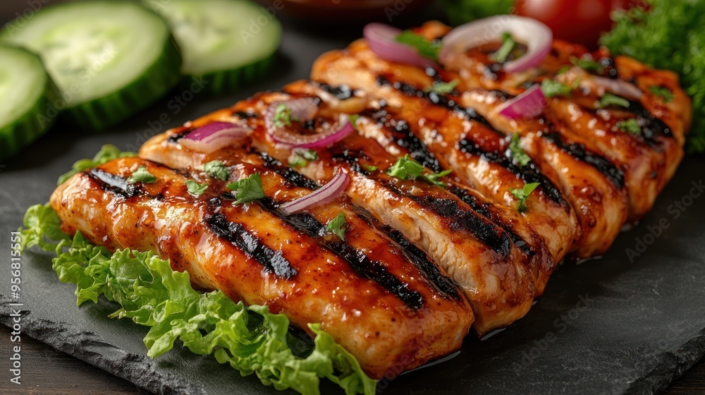 Grilled Chicken Breast with Red Onion and Cucumber Slices Grilled Chicken Breast with Red Onion and Cucumber Slices