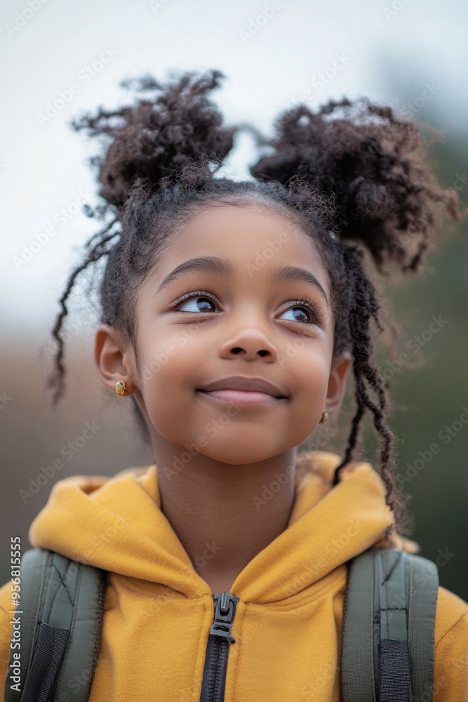 Female Student,  A confident Black girl portrait outdoors with a backpack and books, promoting education and knowledge for child development and learning