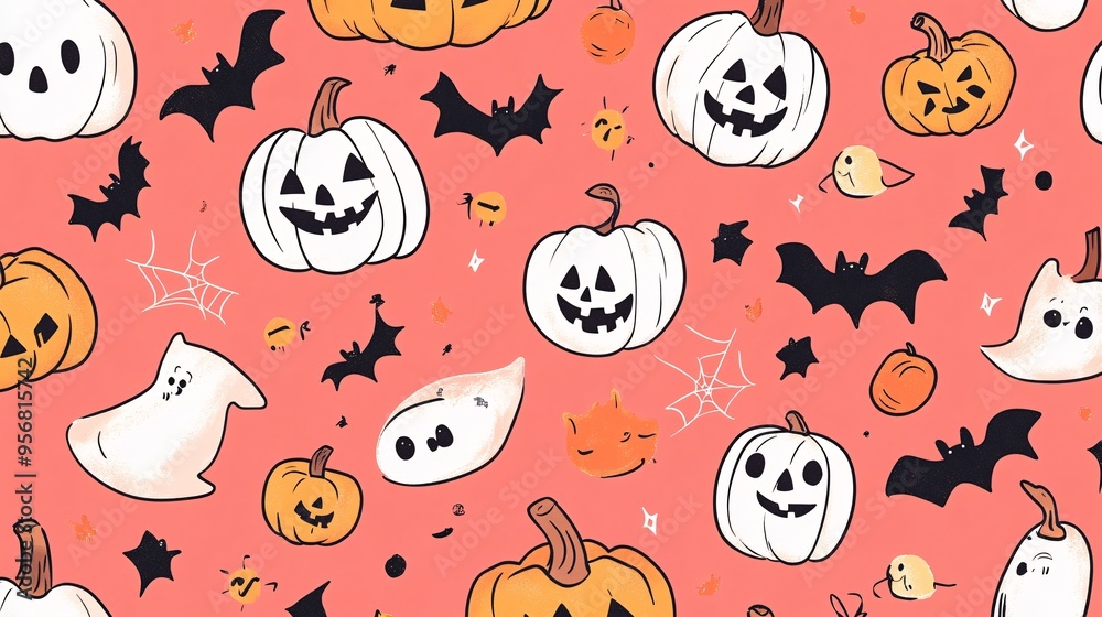 Obraz premium Halloween Seamless Pattern with Pumpkins Bats and Ghosts