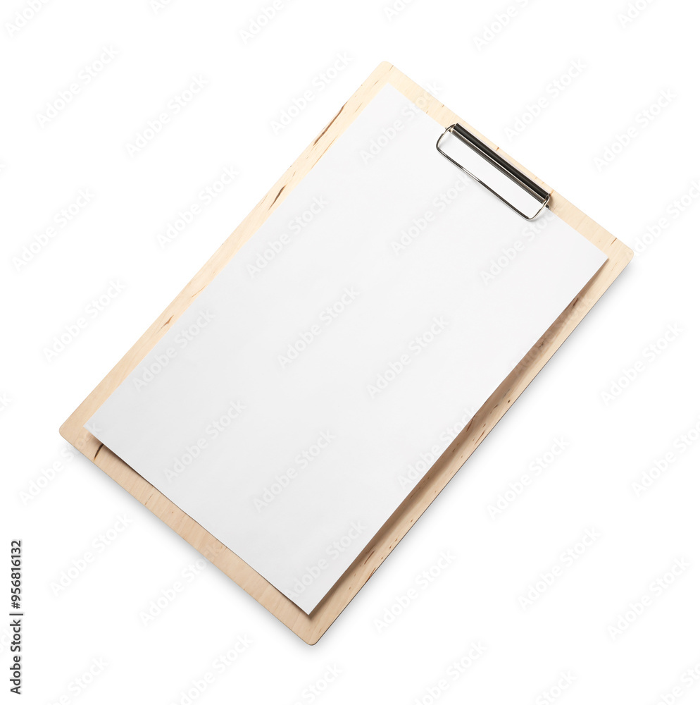 Clipboard with empty paper isolated on white, top view. Mockup for design