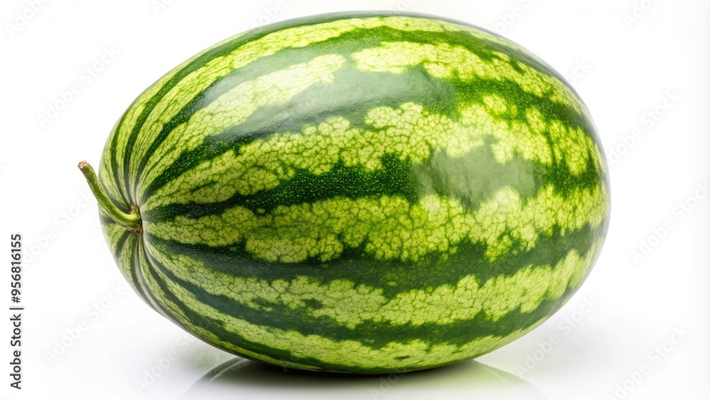 A fresh, crisp, green whole watermelon sits on a white background, its striped rind glistening with dew, awaiting summertime snacking and refreshing satisfaction. A fresh, crisp, green whole watermelon sits on a white background, its striped rind glistening with dew, awaiting summertime snacking and refreshing satisfaction.