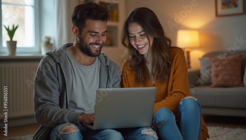 Couple enjoying a cozy evening together while browsing on a laptop in their warmly lit living room