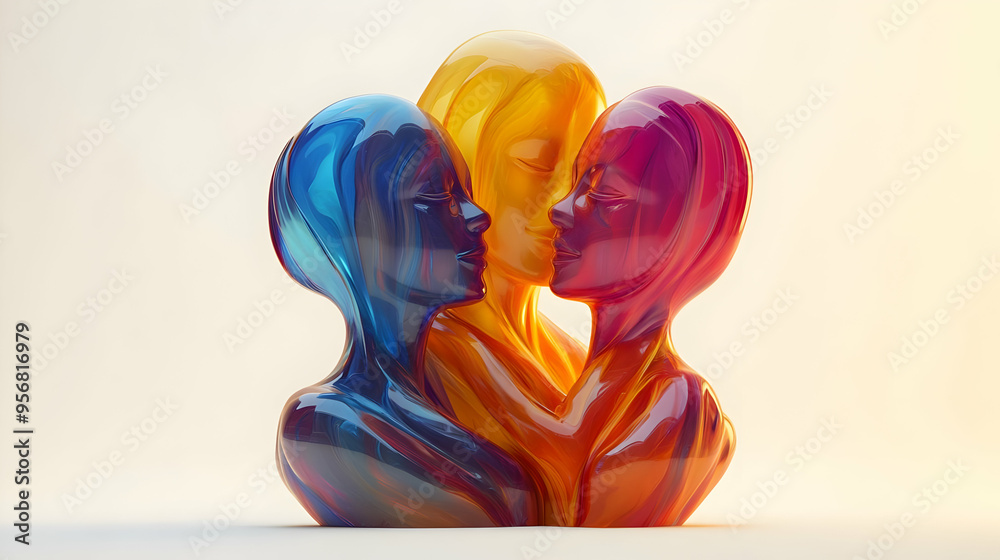 Fototapeta premium 3D Glossy Abstract Family Embrace with Flowing Colors concept as A dynamic digital art banner featuring an abstract interracial family embracing with flowing colors representing unity and diversity. T