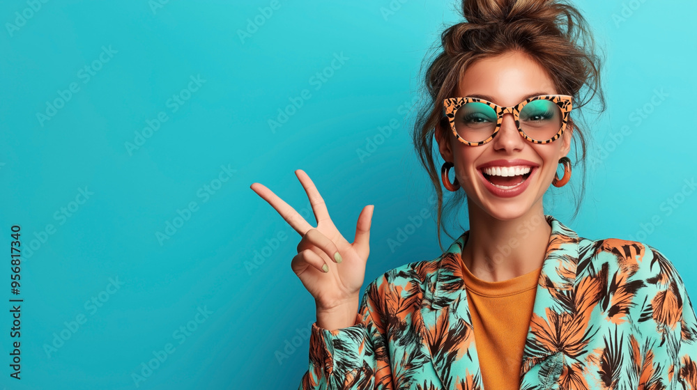 Smiling woman wearing cat-eye glasses with a cheetah print, colorful floral blazer, and making a peace sign against a bright blue background. Smiling woman wearing cat-eye glasses with a cheetah print, colorful floral blazer, and making a peace sign against a bright blue background.
