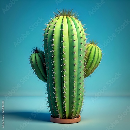 A realistic 3D illustration of a tall. green cactus with a smaller cactus growing out of its side. photo