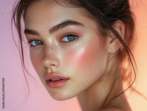 Close-up portrait of a woman with radiant, glowing skin and freckles, set against a softly lit pink background, emphasizing natural beauty.