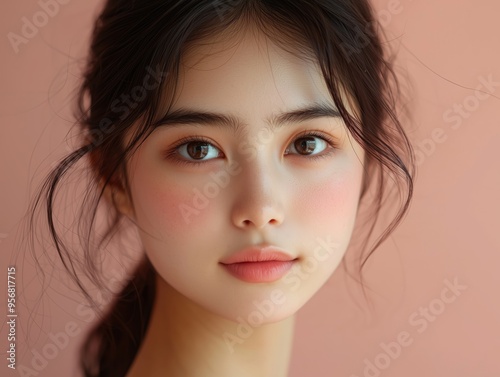 A close-up portrait of a young woman with radiant skin and soft makeup, set against a warm peach-colored background.