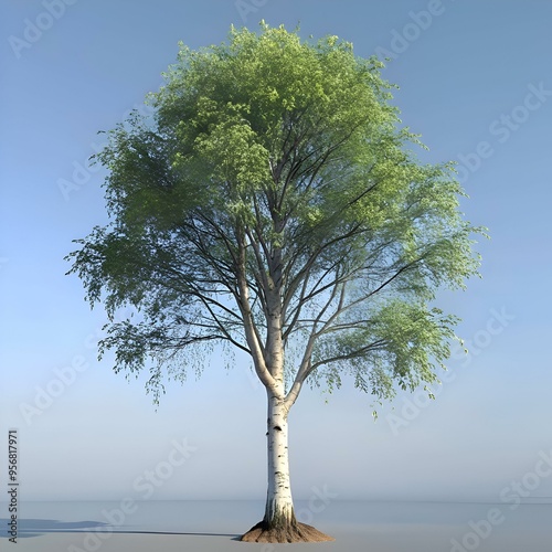 A stunning 3D illustration of a graceful birch tree with a white trunk and lush green foliage against a blue sky. photo