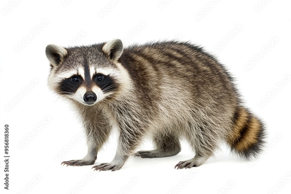 Obraz premium A raccoon stands on a white background, showcasing its distinct features and fur pattern.