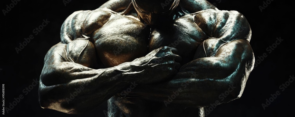 Powerful muscular bodybuilder showcasing strength and definition in dramatic lighting. Powerful muscular bodybuilder showcasing strength and definition in dramatic lighting.