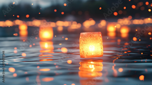 3D Glossy River Background with Floating Lanterns for Mid Autumn Festival concept as A glossy river background with floating lanterns creating a serene and reflective atmosphere perfect for a Mid Autu photo