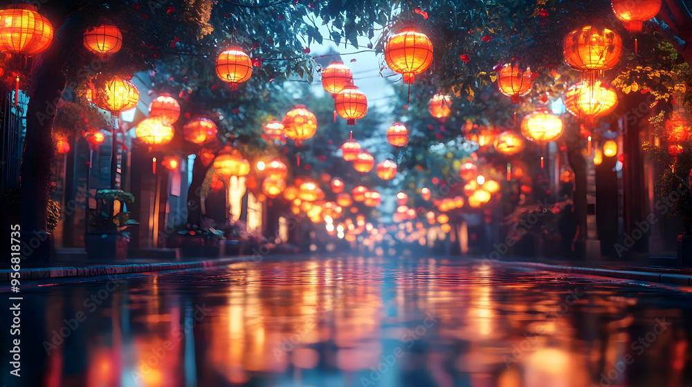 Obraz premium 3D Glossy Street with Reflective Lanterns for Mid Autumn Festival concept as A glossy street background lined with reflective lanterns capturing the lively and festive spirit of the Mid Autumn Festiva