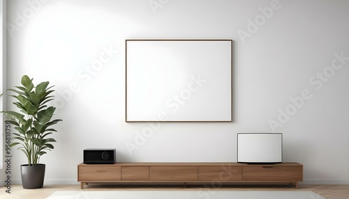Wallpaper Mural A minimalist living room with a wooden TV stand and a large empty white frame on the wall. Torontodigital.ca