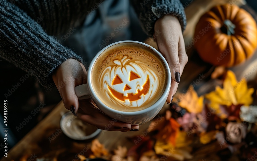 A cozy autumn scene featuring a pumpkin-themed latte art, surrounded by seasonal leaves and a pumpkin. A cozy autumn scene featuring a pumpkin-themed latte art, surrounded by seasonal leaves and a pumpkin.