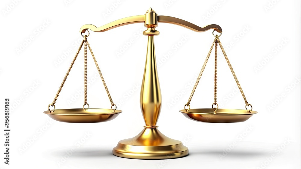 A gold scales icon with a subtle shadow effect is suspended in mid-air, perfectly balanced, conveying fairness, justice, and precision in a modern design element. A gold scales icon with a subtle shadow effect is suspended in mid-air, perfectly balanced, conveying fairness, justice, and precision in a modern design element.