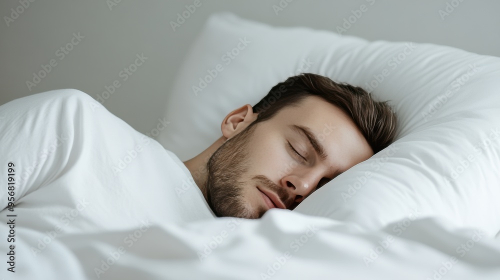 A peaceful man sleeps soundly in a cozy bed, surrounded by soft pillows and blankets, capturing the essence of tranquility.