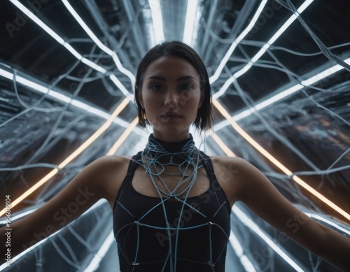 Woman Posing in a Futuristic, Neon-Lit Setting. Generative AI