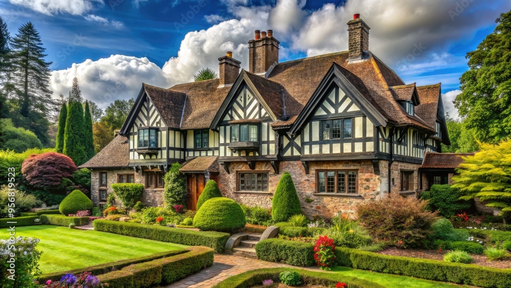 A grand, half-timbered Tudor-style home with steeply pitched roof, adorned with ornate stonework, and surrounded by lush greenery, exudes traditional English countryside charm. A grand, half-timbered Tudor-style home with steeply pitched roof, adorned with ornate stonework, and surrounded by lush greenery, exudes traditional English countryside charm.