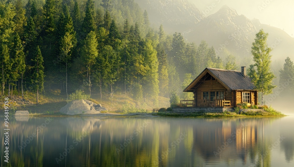Fototapeta premium Tranquil Log Cabin on a Misty Lake