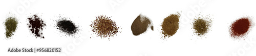 Close-up shot of 8 types of spices on white background