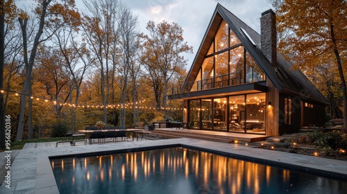 photography for interior magazine, architecture photgraph, realisitc, wide angle shot of an a frame house in new england in autumn, woods, bay, lights, pool, string lights photo