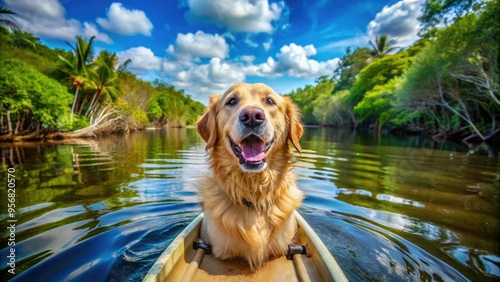 A happy golden retriever rides in the bow of a kayak, tongue flapping in the wind, as it glides through calm Florida waters surrounded by mangroves. photo