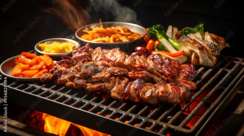 Korean bbq street food on grill close up. Neural network ai generated art Korean bbq street food on grill close up. Neural network ai generated art