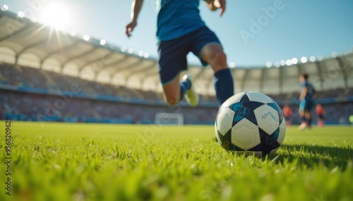 A soccer player kicks a ball on a sunny day during a match in a large stadium surrounded by cheering fans