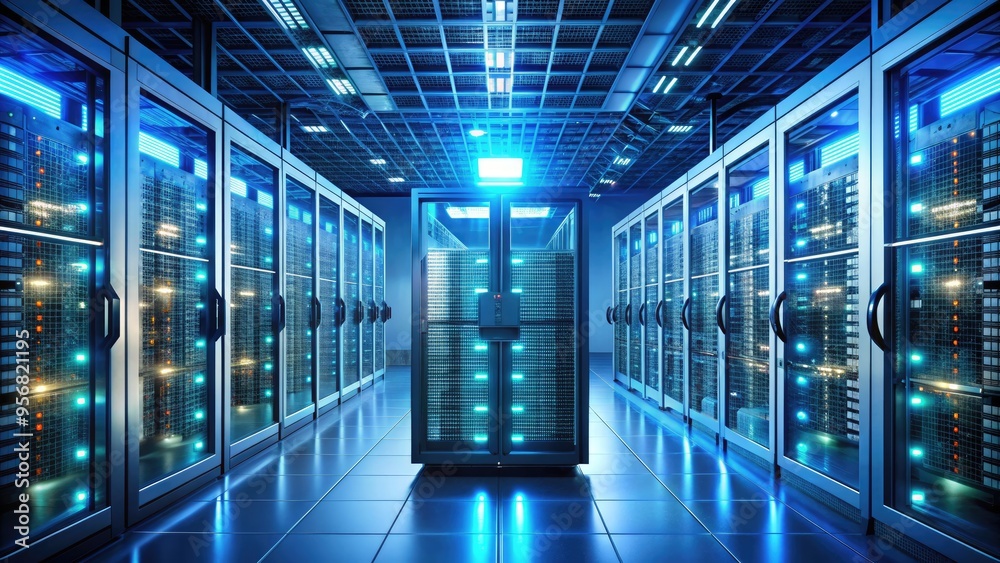 Fototapeta premium A highly secured mainframe computer system with rows of blinking servers, surrounded by metal cages and biometric scanners, protected by advanced digital encryption.