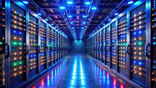 A high-tech, temperature-controlled data center filled with rows of humming servers and bright LED lights, dedicated to solving complex algorithms for cryptocurrency mining operations. photo