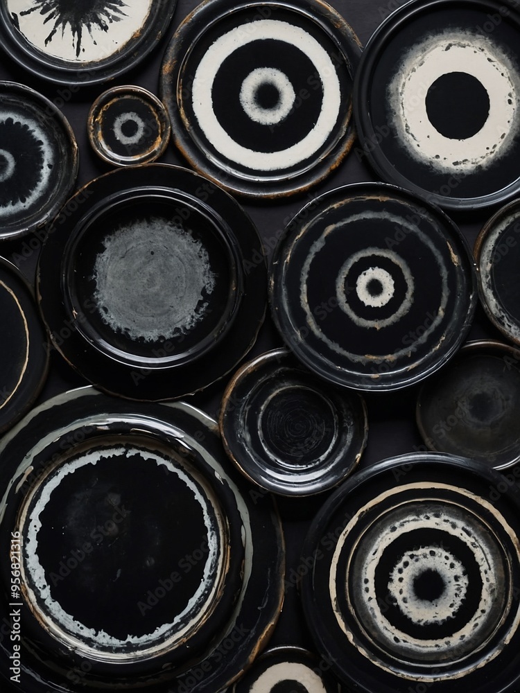 A collection of black grunge stains arranged in circular patterns. A collection of black grunge stains arranged in circular patterns.