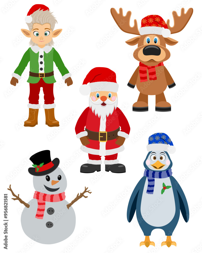 christmas and new year characters holiday symbols flat style vector illustration isolated on white background christmas and new year characters holiday symbols flat style vector illustration isolated on white background