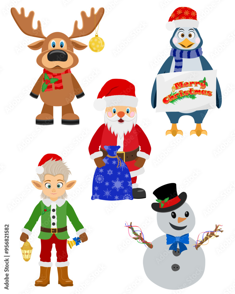 christmas and new year characters holiday symbols flat style vector illustration isolated on white background christmas and new year characters holiday symbols flat style vector illustration isolated on white background