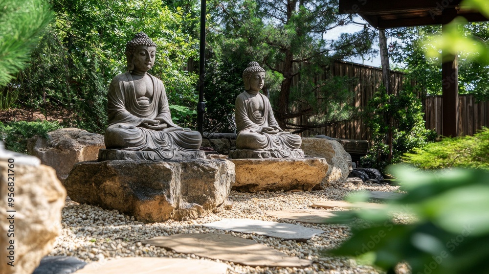 Tranquil Meditation Garden, a serene space adorned with calming statues, surrounded by lush greenery, inviting reflection and inner peace amidst nature's embrace Tranquil Meditation Garden, a serene space adorned with calming statues, surrounded by lush greenery, inviting reflection and inner peace amidst nature's embrace