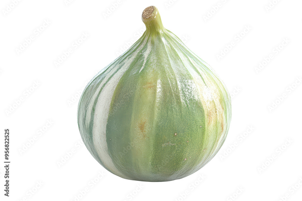 Obraz premium Fresh green fig with a unique striped pattern, ideal for culinary and lifestyle photography showcasing healthy ingredients.