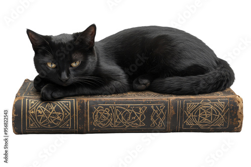 A serene black cat resting atop an antique book, showcasing elegance and tranquility in a cozy setting.