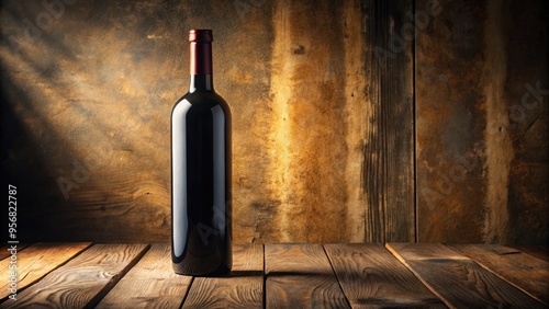 A lone, ornate wine bottle with a rounded body and slender neck sits upright on a rustic, wooden table, surrounded by subtle, earthy shadows. photo