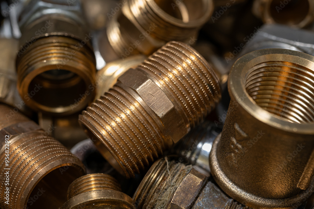Brass plumbing fittings in detail.
Brass plumbing fittings in detail.