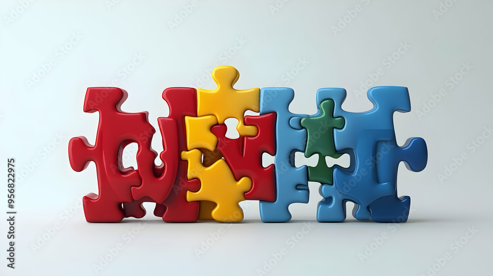 3D Interracial Family Puzzle with Unity Text concept as A minimalist isolated vector of puzzle pieces representing diverse family members with the word Unity in a sleek modern font. This design highli 3D Interracial Family Puzzle with Unity Text concept as A minimalist isolated vector of puzzle pieces representing diverse family members with the word Unity in a sleek modern font. This design highli