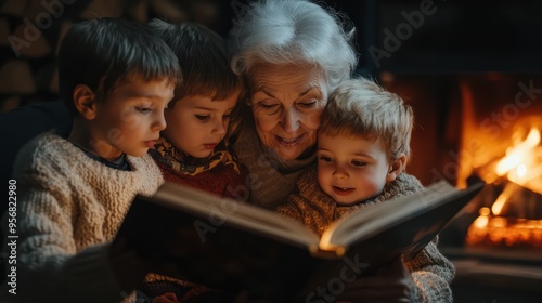 A grandmother reads a story to her grandchildren by the fireplace, their faces lit up with wonder and curiosity as she turns the pages