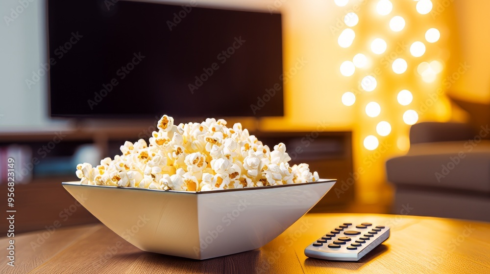 Popcorn and remote control against TV set. Neural network ai generated art Popcorn and remote control against TV set. Neural network ai generated art