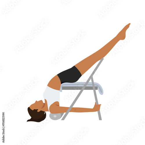 Young woman doing Supported Shoulderstand Pose Chair or Salamba Sarvangasana Pose Chair yoga exercise.