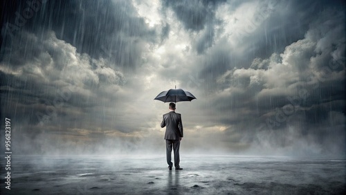 A lone figure stands resiliently, rain-soaked and windswept, against a turbulent grey sky, clutching a umbrella as the storm rages on, surrounding them in mist.