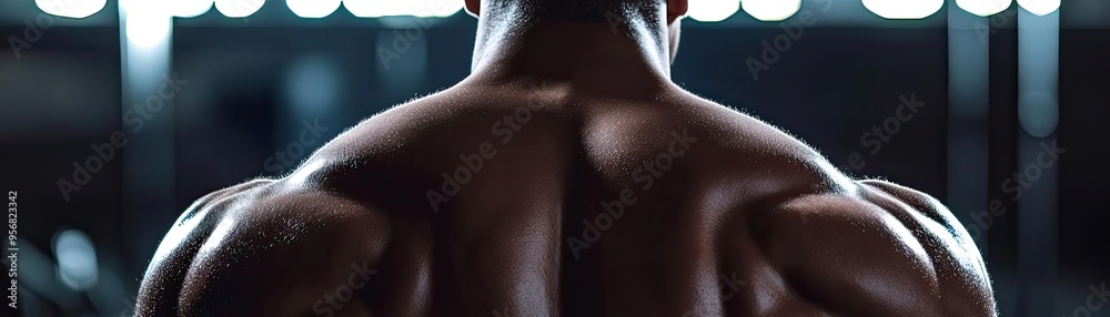 Fototapeta premium Close-up view of a muscular man's back showcasing strength and athleticism in a modern gym setting.
