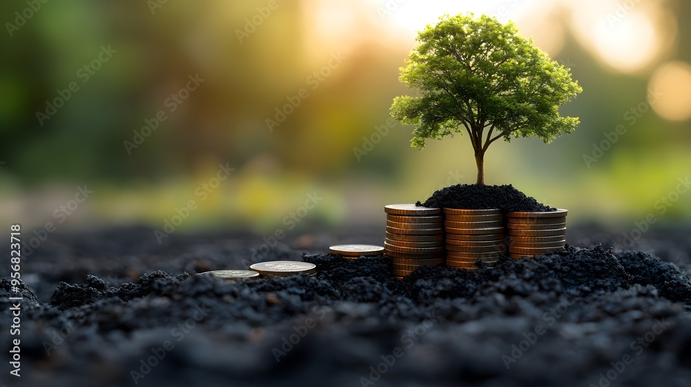 A Small Tree Growing from a Stack of Gold Coins A Small Tree Growing from a Stack of Gold Coins