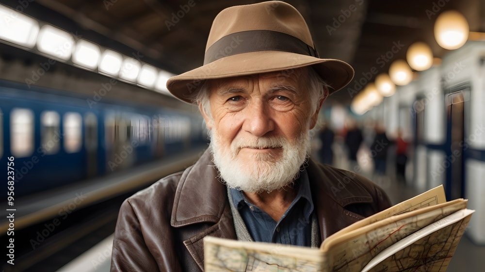 passenger with a hat and a map in his hand at the station passenger with a hat and a map in his hand at the station