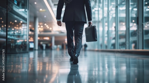 A businessman walks through a modern office space, carrying a briefcase, symbolizing professionalism and purpose.