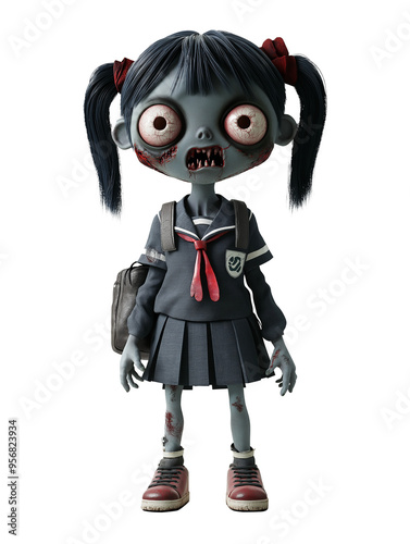 3D cartoon character of a zombie schoolgirl with pigtails and a backpack on a white background. Halloween-themed digital illustration. Design for greeting card, poster, or invitation, PNG format
