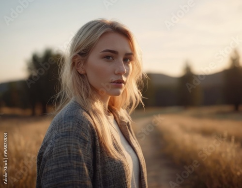 Blonde Woman Standing in a Field at Sunset. Generative AI