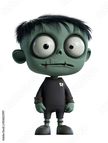 3D cartoon character of a zombie boy with big eyes and tattered clothing on a white background. Halloween-themed digital illustration. Design for greeting card, poster, or sticker, PNG format.
